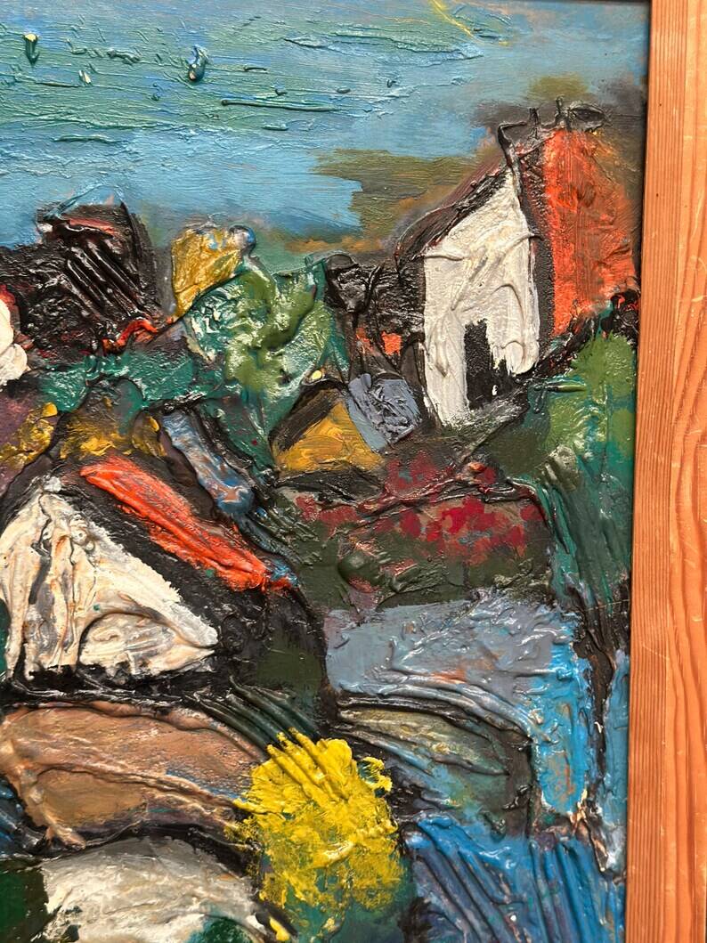 Original Swedish Oil on Panel – "Village Scene (Thick Impasto)" – Signed – Vintage and Framed