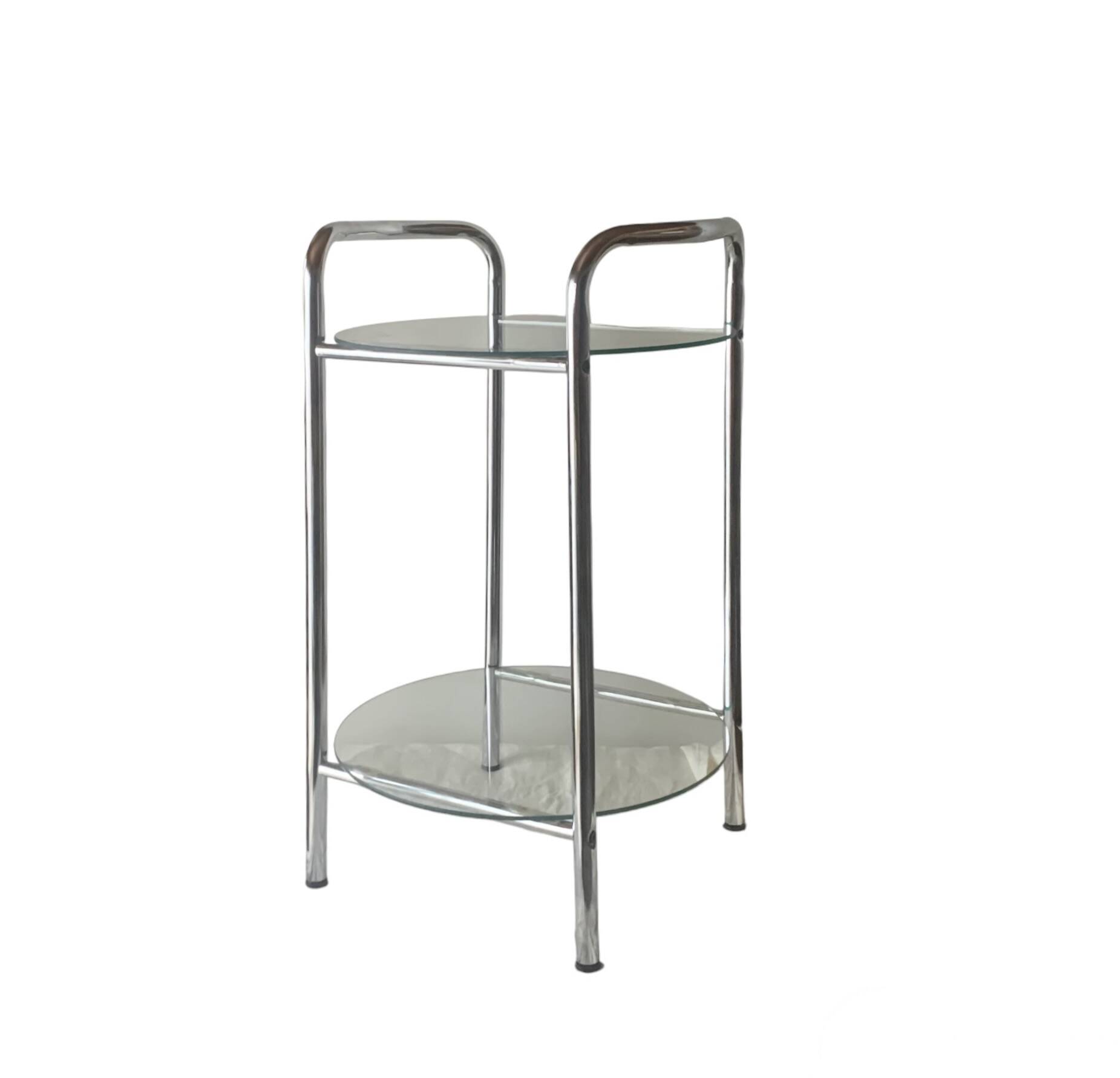 Pedestal table, vintage chrome steel saddle with 2 round windows
