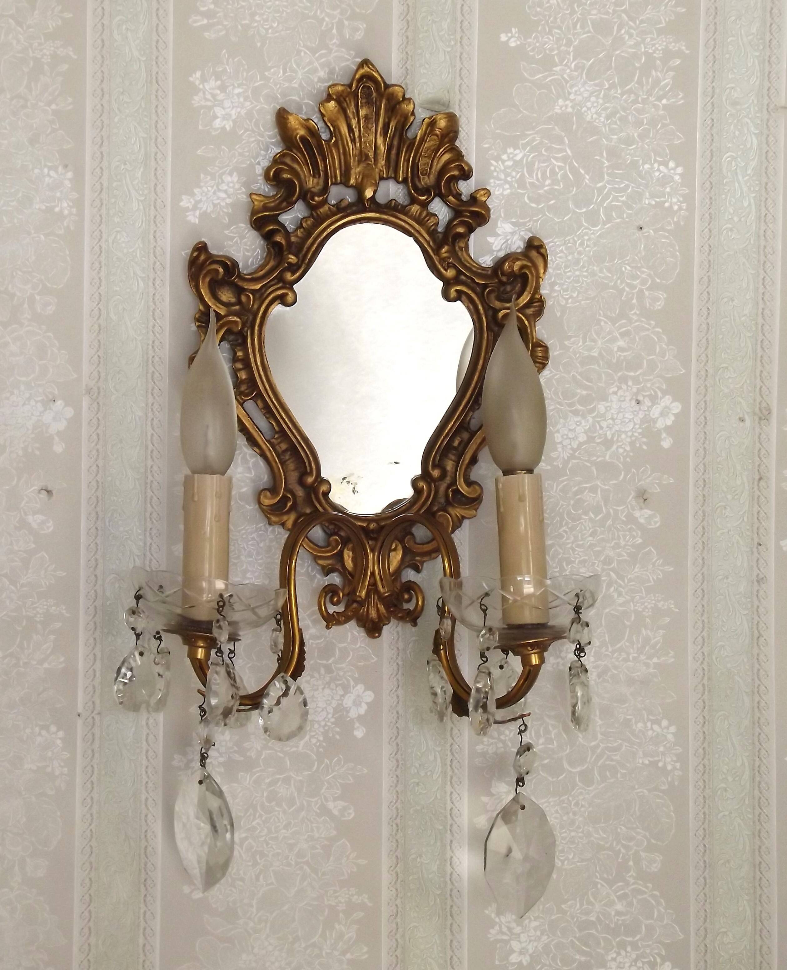 French Antique Gilt Bronze Double Light Crystal Mirrored Wall Sconce 4806