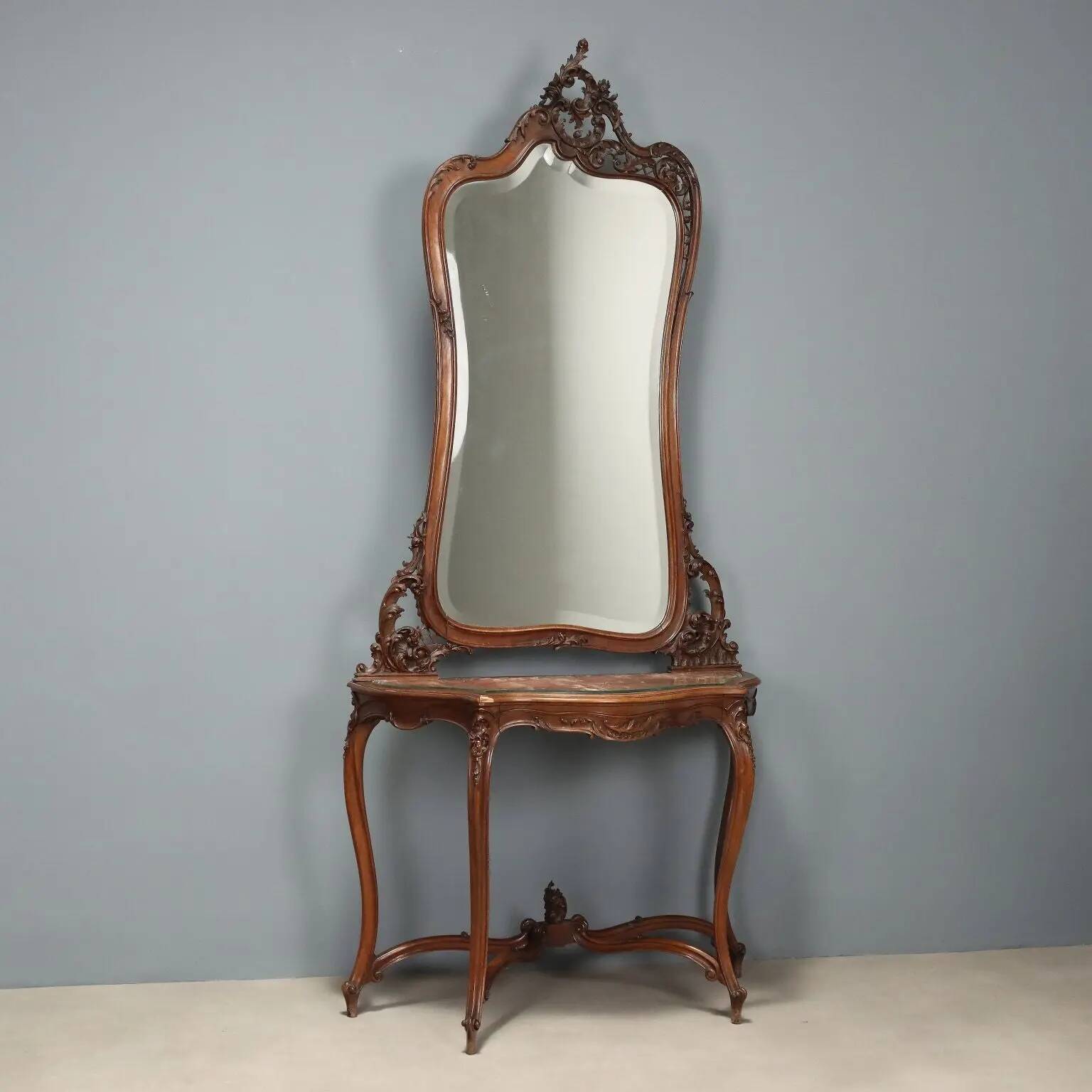 Antique console in mahogany, velvet and glass, Italy, 19th century.