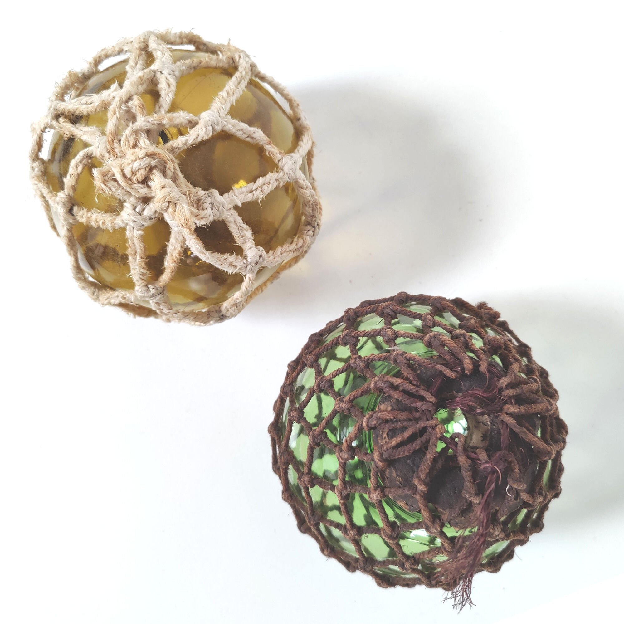 Set of 2 marine floats yellow and green ball glass and rope