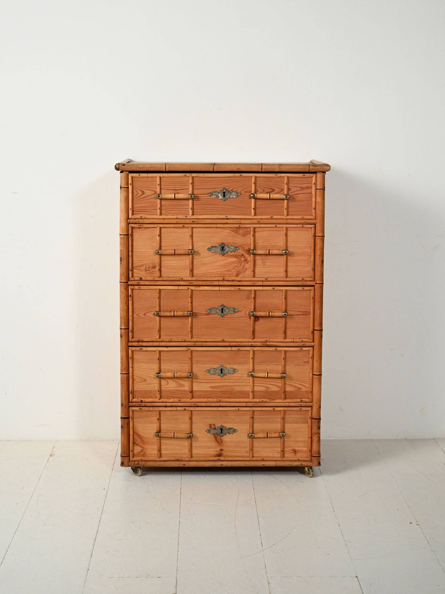 Scandinavian Colonial-Style Chest of Drawers in Pine and Bamboo