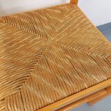 Set of 4 vintage brutalist chairs in light wood and straw from the 70s