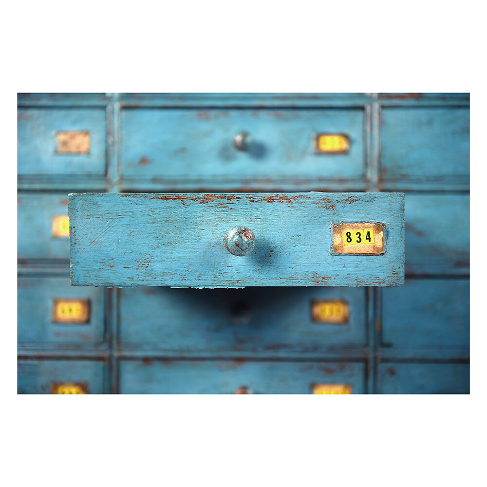 Pastourel wooden craft cabinet with 96 drawers and blue patina