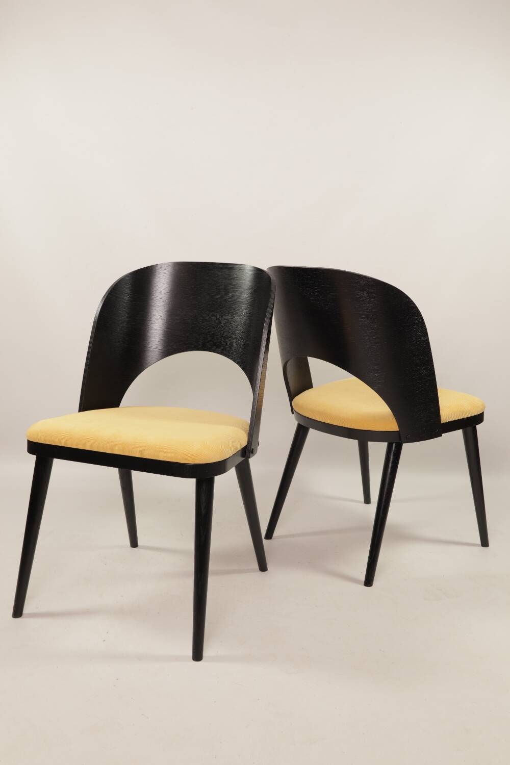 Vintage dining chairs set of 2 black oak wood retro yellow fabric