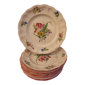Set of 12 flat plates porcelain Lunéville, flowers (tulip-rose, model Reverbère, early twentieth century