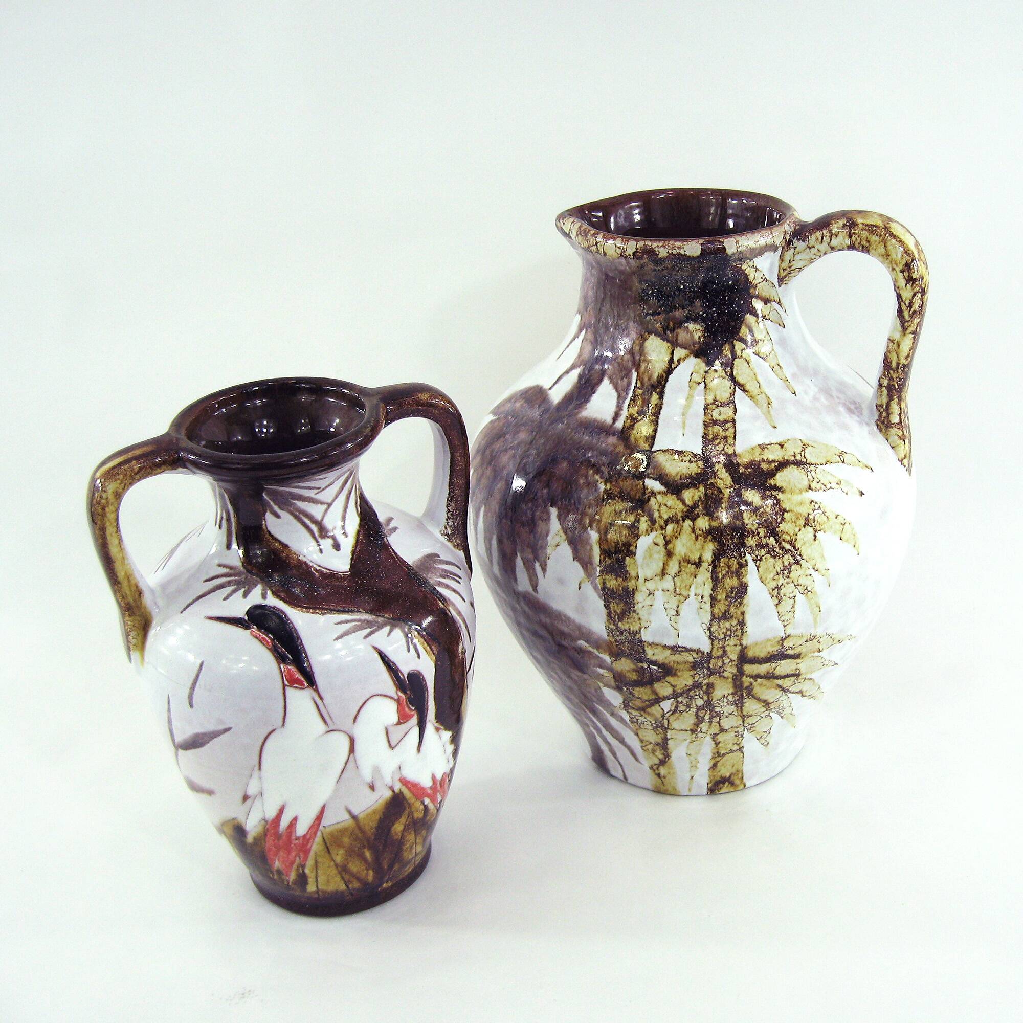 2 West Germany vases - trees and Japanese cranes decor - Marei Keramik - vintage 60s
