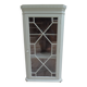 Vintage English corner display cabinet enhanced in grey-green with a wooden top.