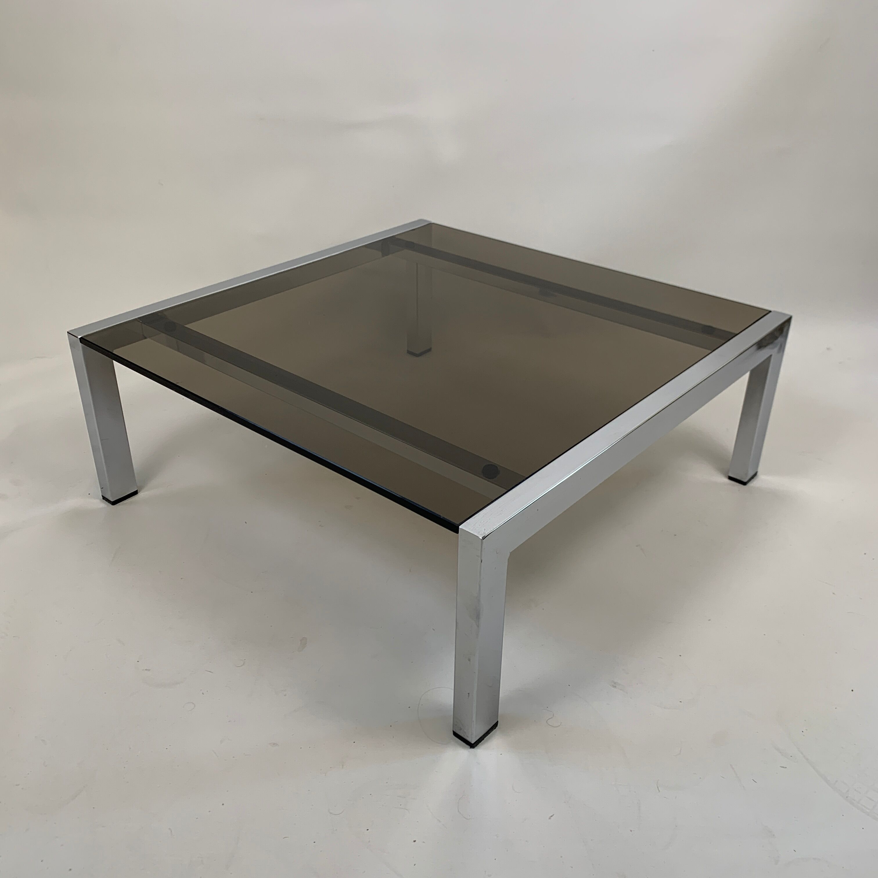 Vintage square coffee table chrome structure and smoked glass top