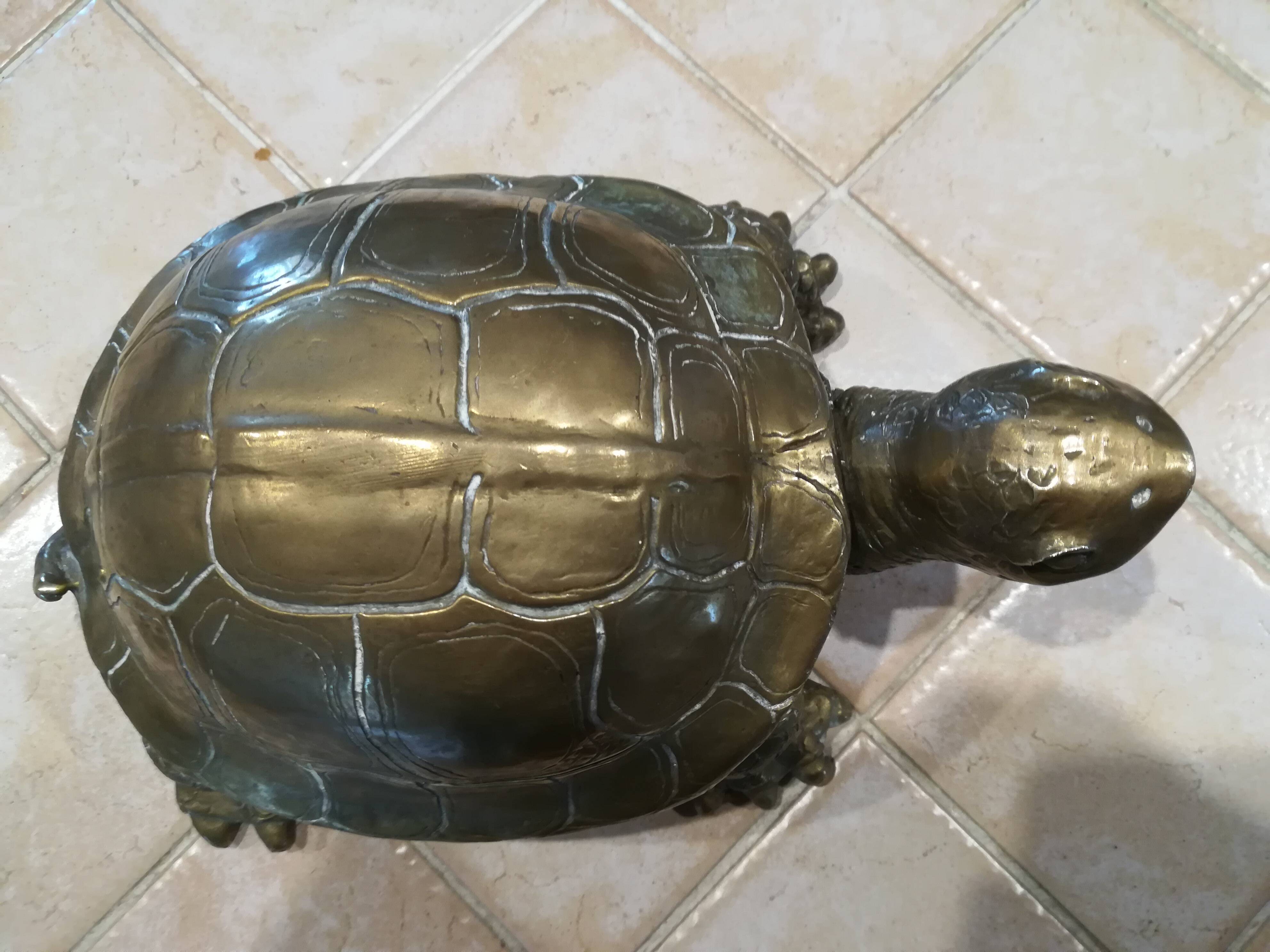 20th century brass turtle with golden patina