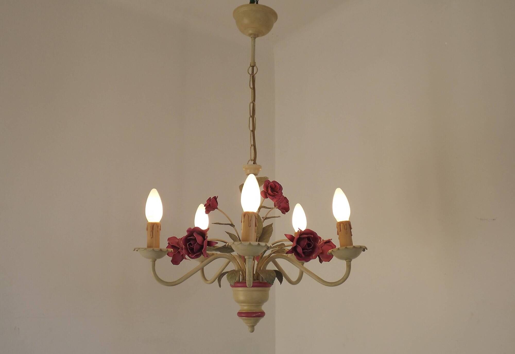 French vintage metal deep pink rose and green leaf 5-light chandelier