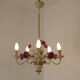 French vintage metal deep pink rose and green leaf 5-light chandelier