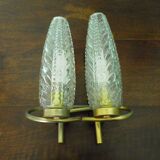 Appliques anciennes en laiton et verre moulé ondulé et pointes de diamant