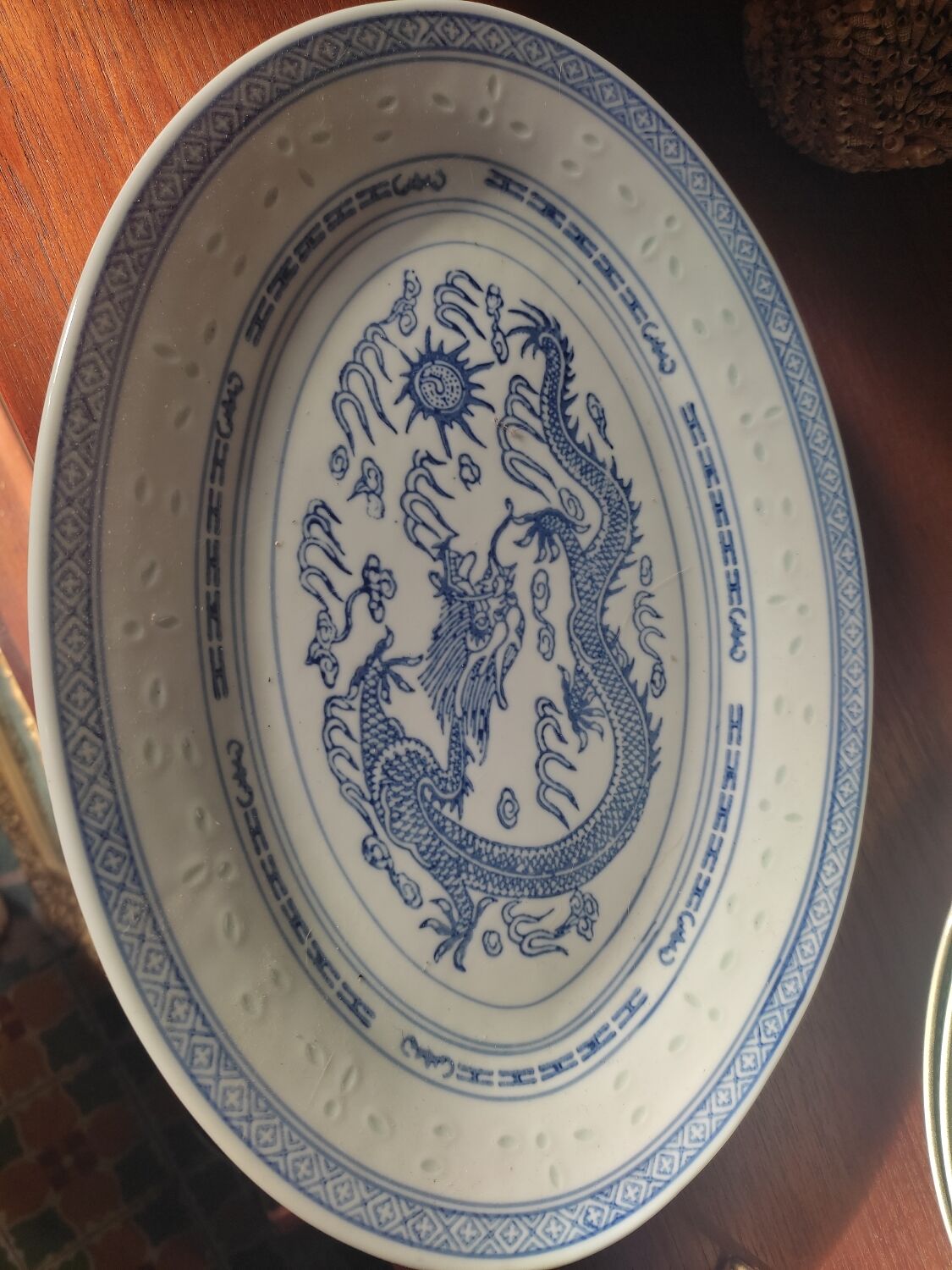 Vintage Chinese oval dishes, dragon pattern