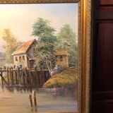 Oil on canvas john luini marine view boats + golden frame