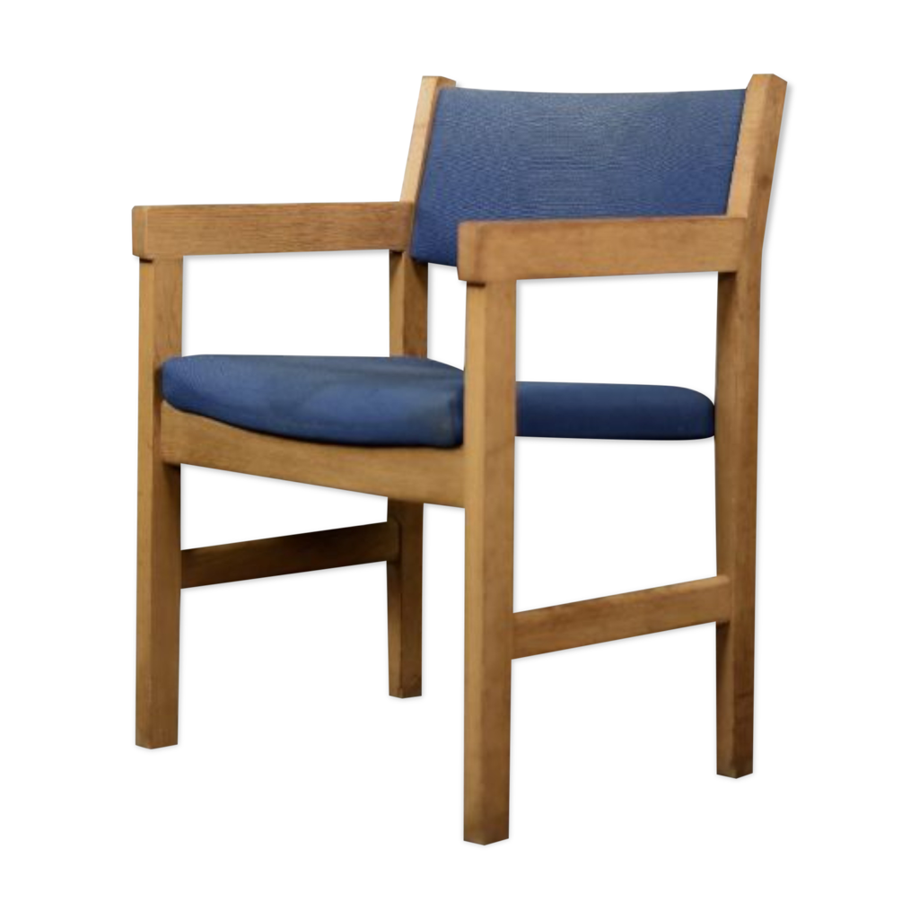 Vintage mid-century modern danish oak blue fabric chair by hans