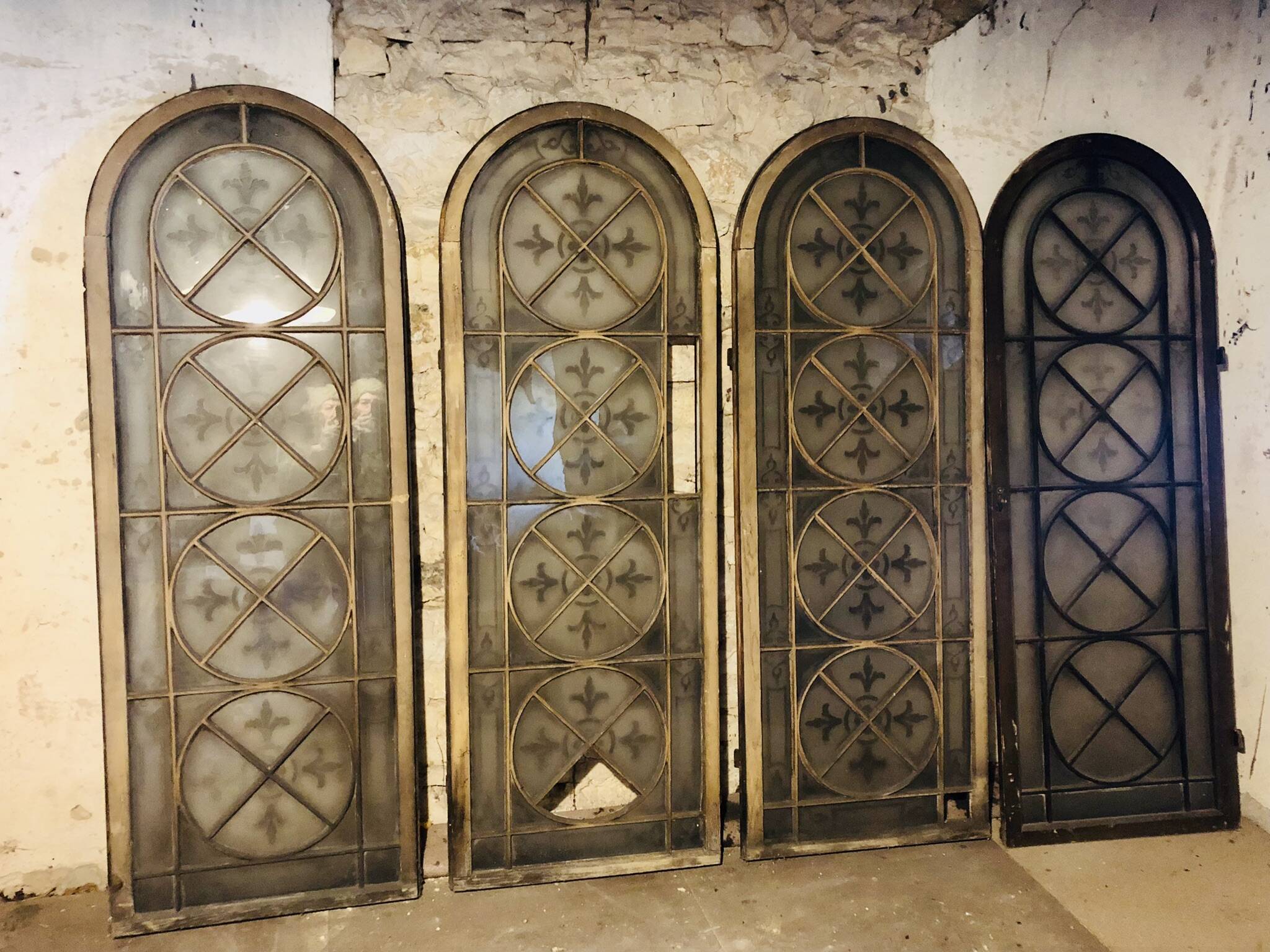 Set of 4 decorative carved glass windows from the 1900s