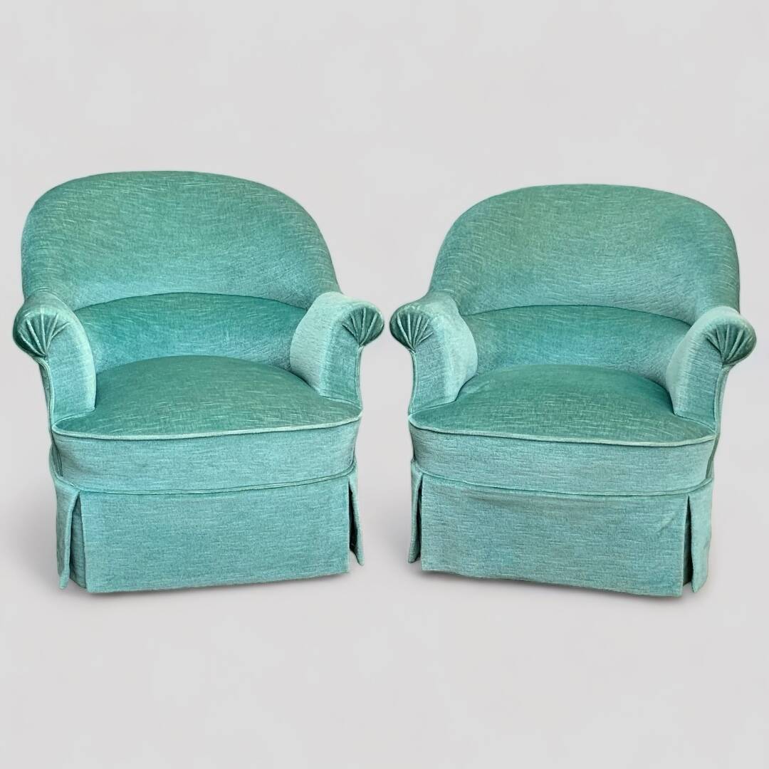 Pair of toad armchairs in water green velvet, 1970
