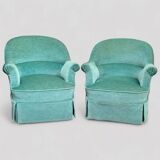 Paire de fauteuils crapaud velours vert d’eau 1970