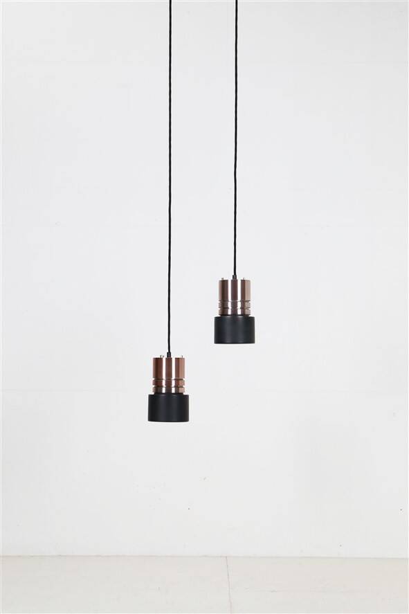 Set of 2 space age pendant lamps / Mid-century Danish modern design / Aluminum / Copper / 1960s / 1970s