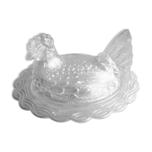 Bonbonnière sucrier verre nacré et irisé: Poule sur son nid tressé, Vallérysthal