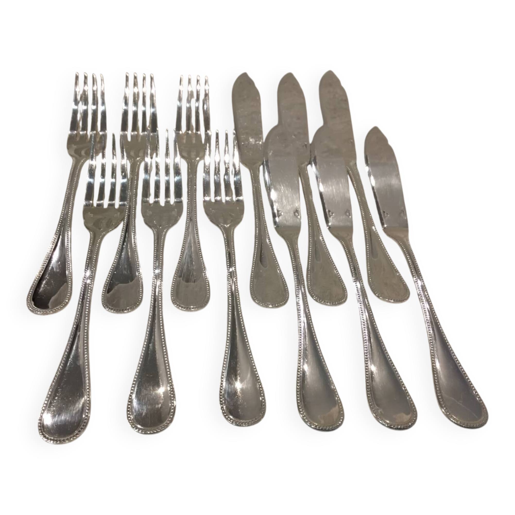 6 fish cutlery pieces, 12 pieces, silver-plated metal, Christofle silversmith, Perles