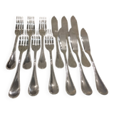 6 fish cutlery pieces, 12 pieces, silver-plated metal, Christofle silversmith, Perles