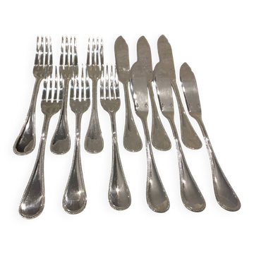 6 fish cutlery pieces, 12 pieces, silver-plated metal, Christofle silversmith, Perles