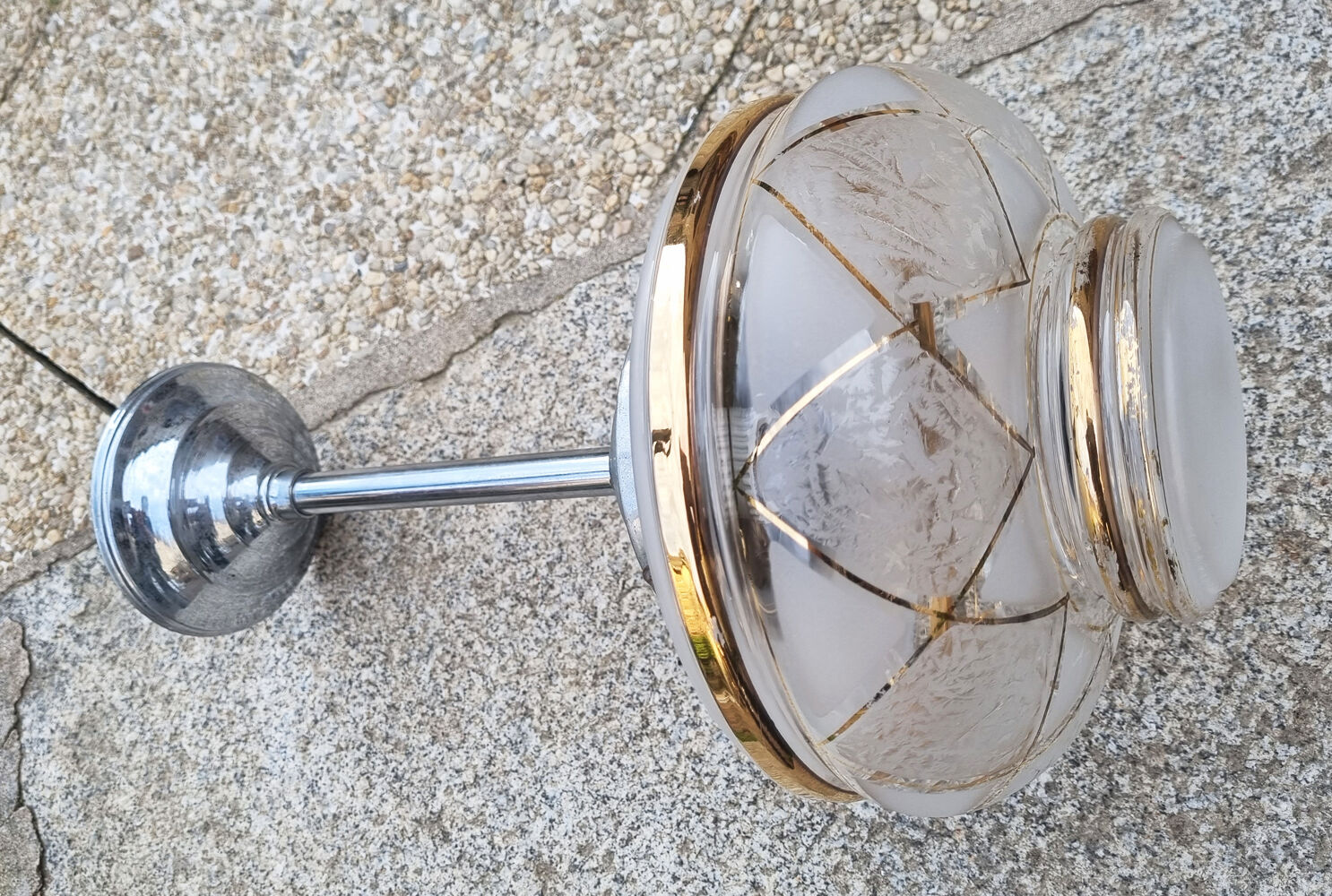 ceiling lamp, aluminum and chiseled glass, vintage, 50s