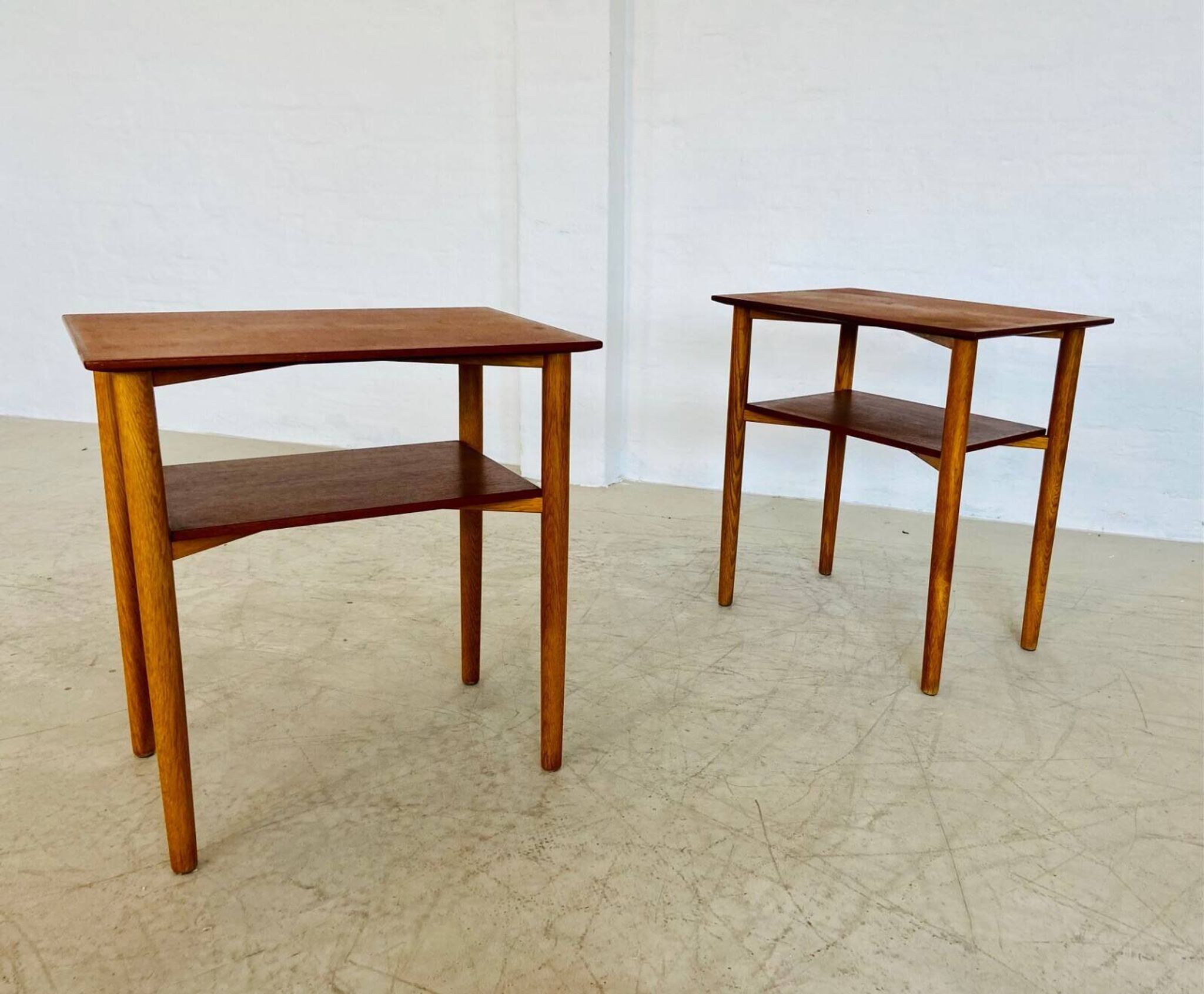 Vintage Danish mid-century teak and oak bedside tables by Næstved Møbelfabrik