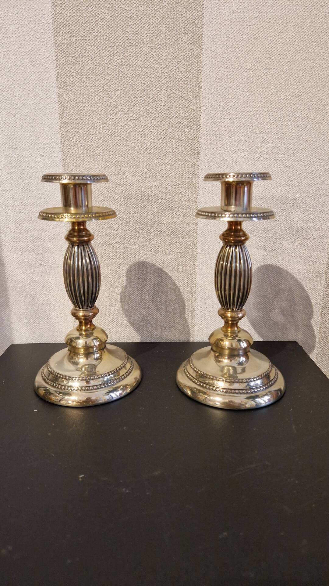 Pair of vintage silver-plated metal candlesticks