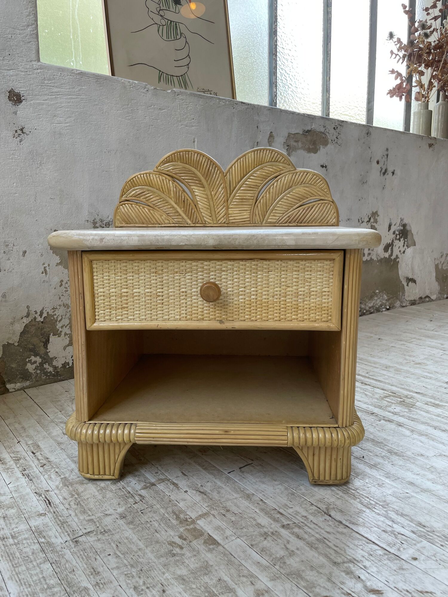 Pair of travertine bedside and rattan palm tree "vivai del sud"