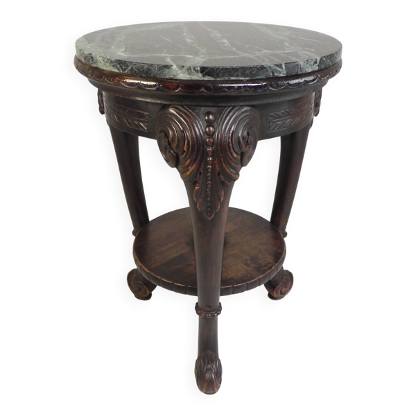 Table d'appoint ronde ancienne en acajou avec plateau en marbre vert veiné, début du 20ème siècle