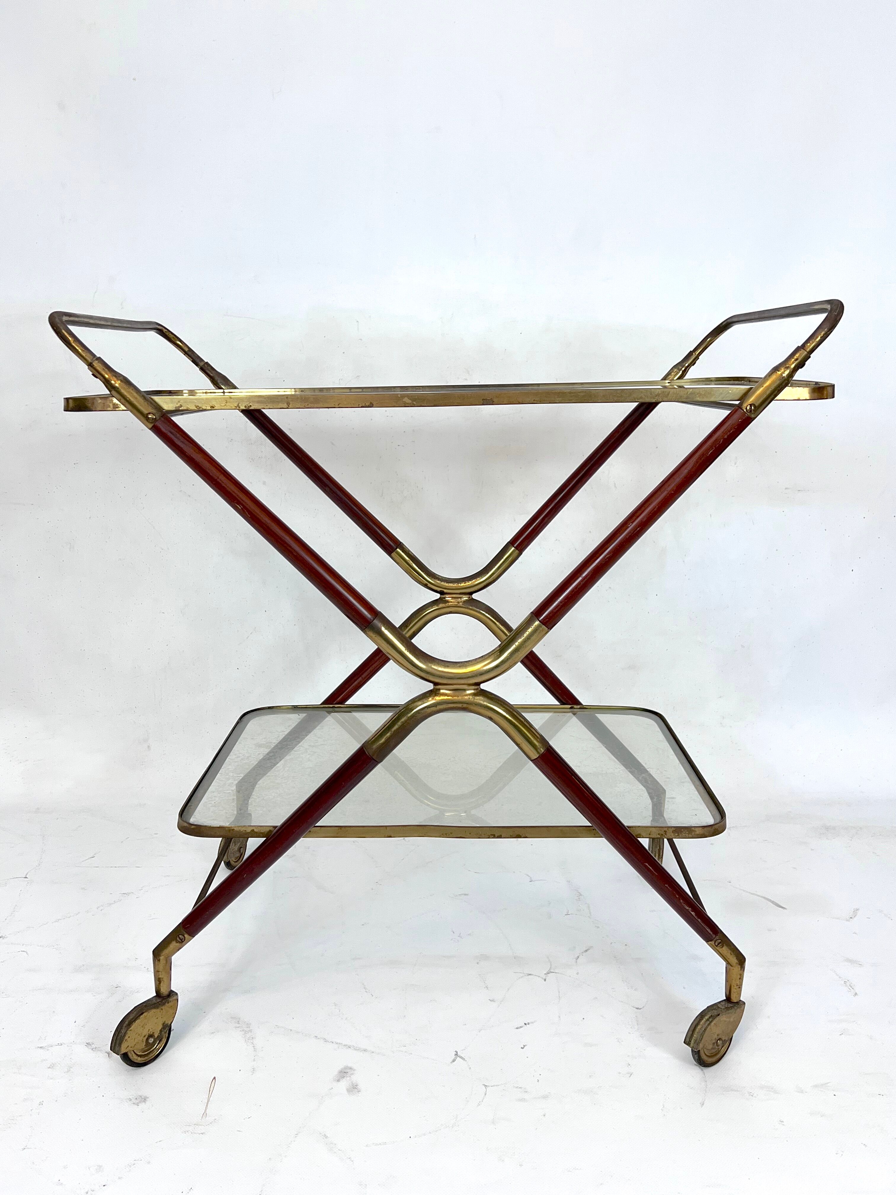 Mid-century brass and wood bar cart, Italy 1950s