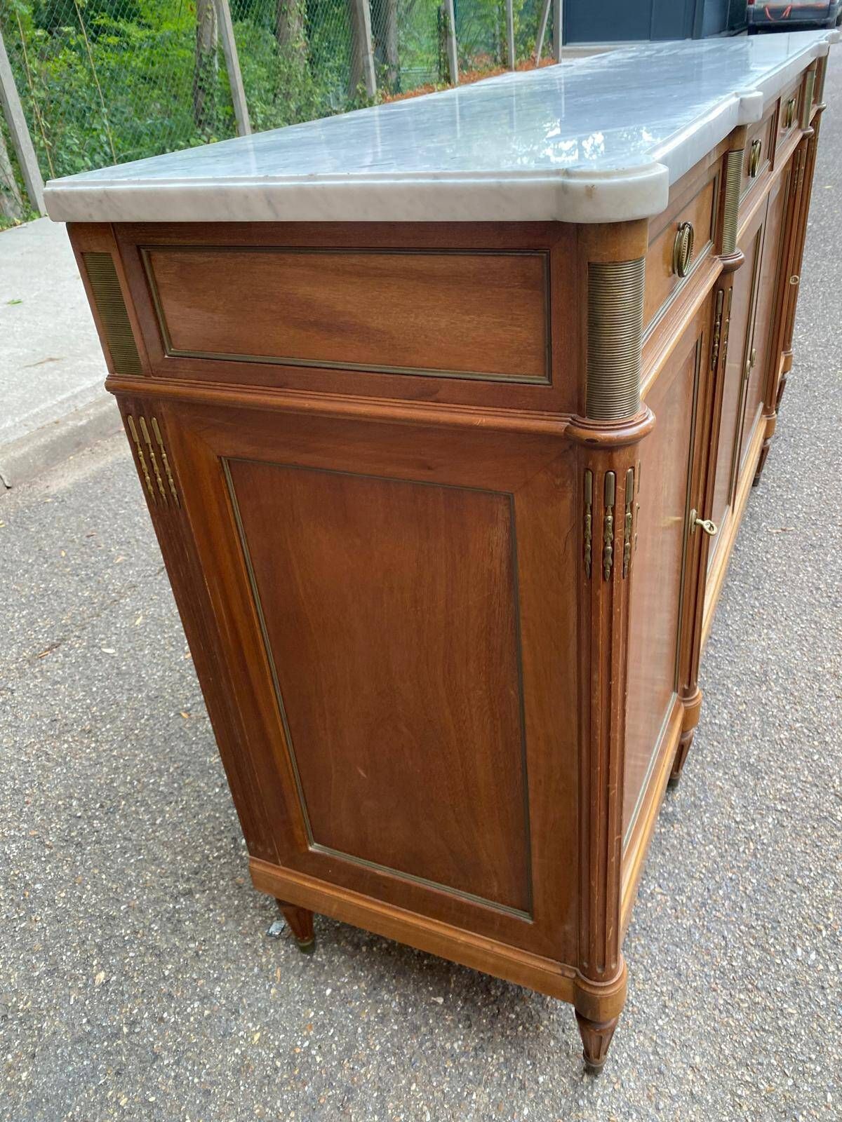 Louis XVI sideboard in solid mahogany with a white marble top, 222cm, 1950.