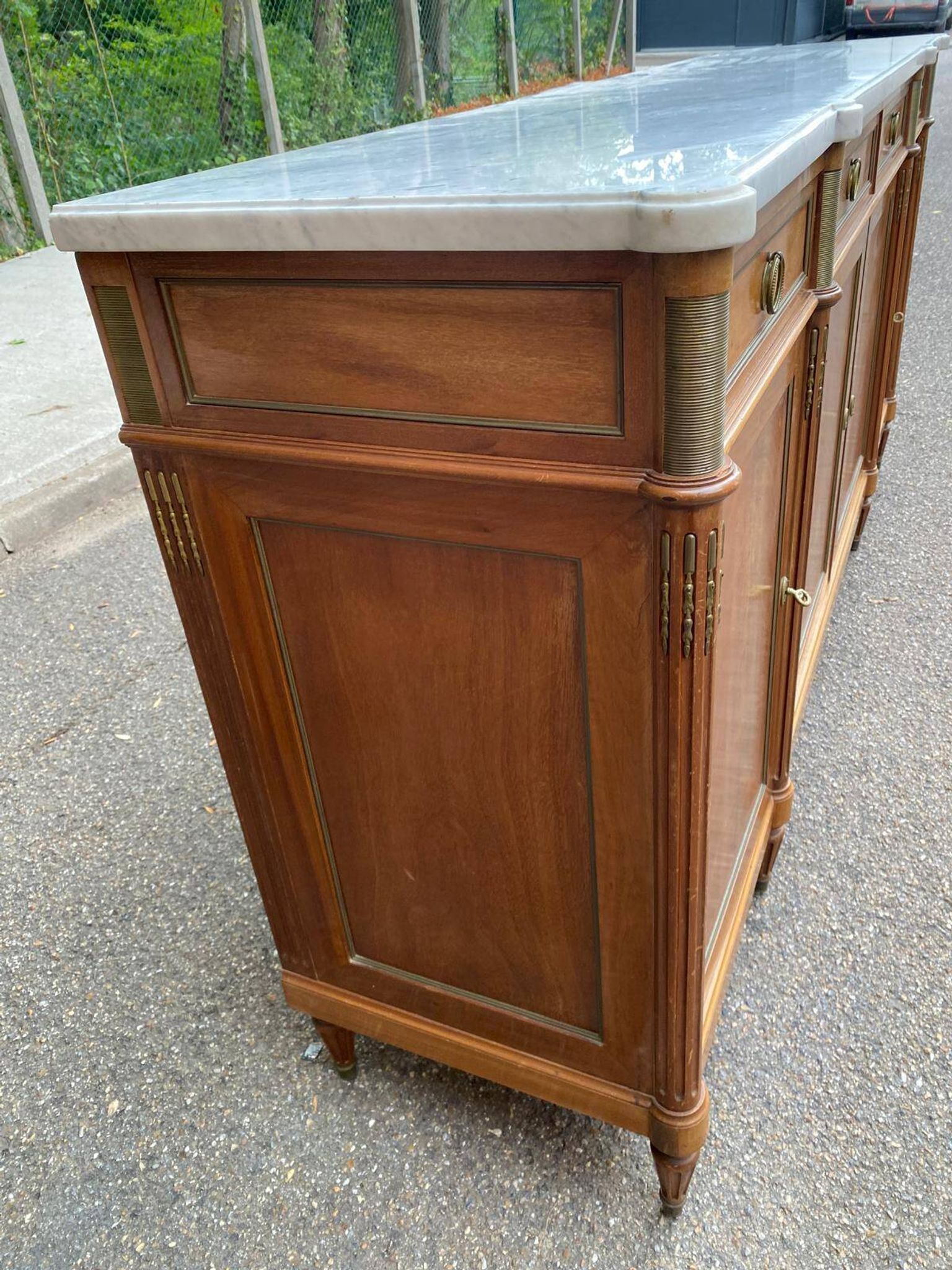 Louis XVI sideboard in solid mahogany with a white marble top, 222cm, 1950.