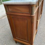 Louis XVI sideboard in solid mahogany with a white marble top, 222cm, 1950.