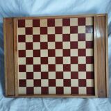 Plateau de jeu ancien en bois, jeu des petits chevaux et jeu de dames