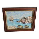 Tableau Oil on Canvas Marine The Boats View of Sète - Signed Fernand Bren