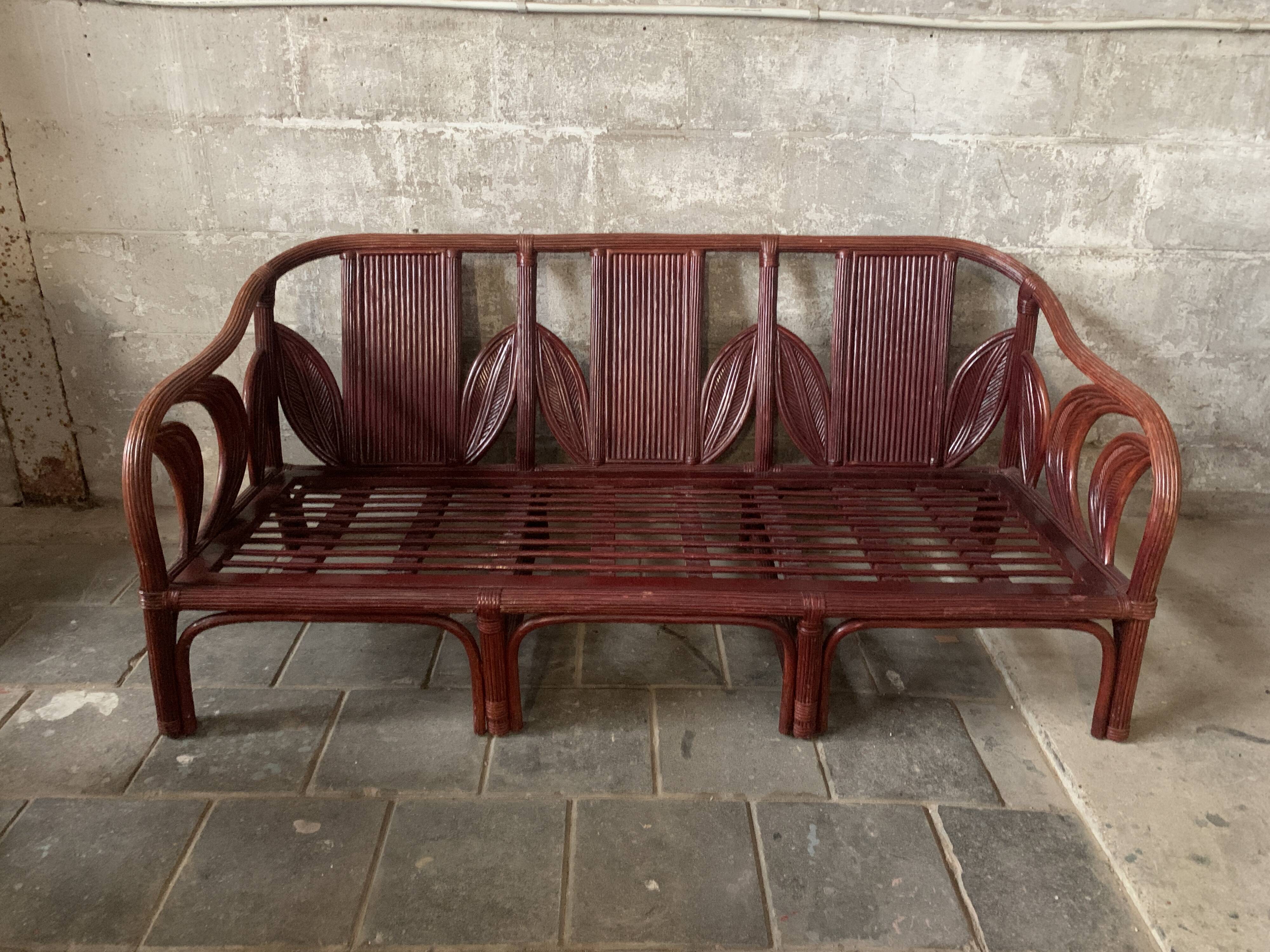 Pencil reed rattan bamboo coastal palm leaf bench sofa, Vivai del Sud 1970s