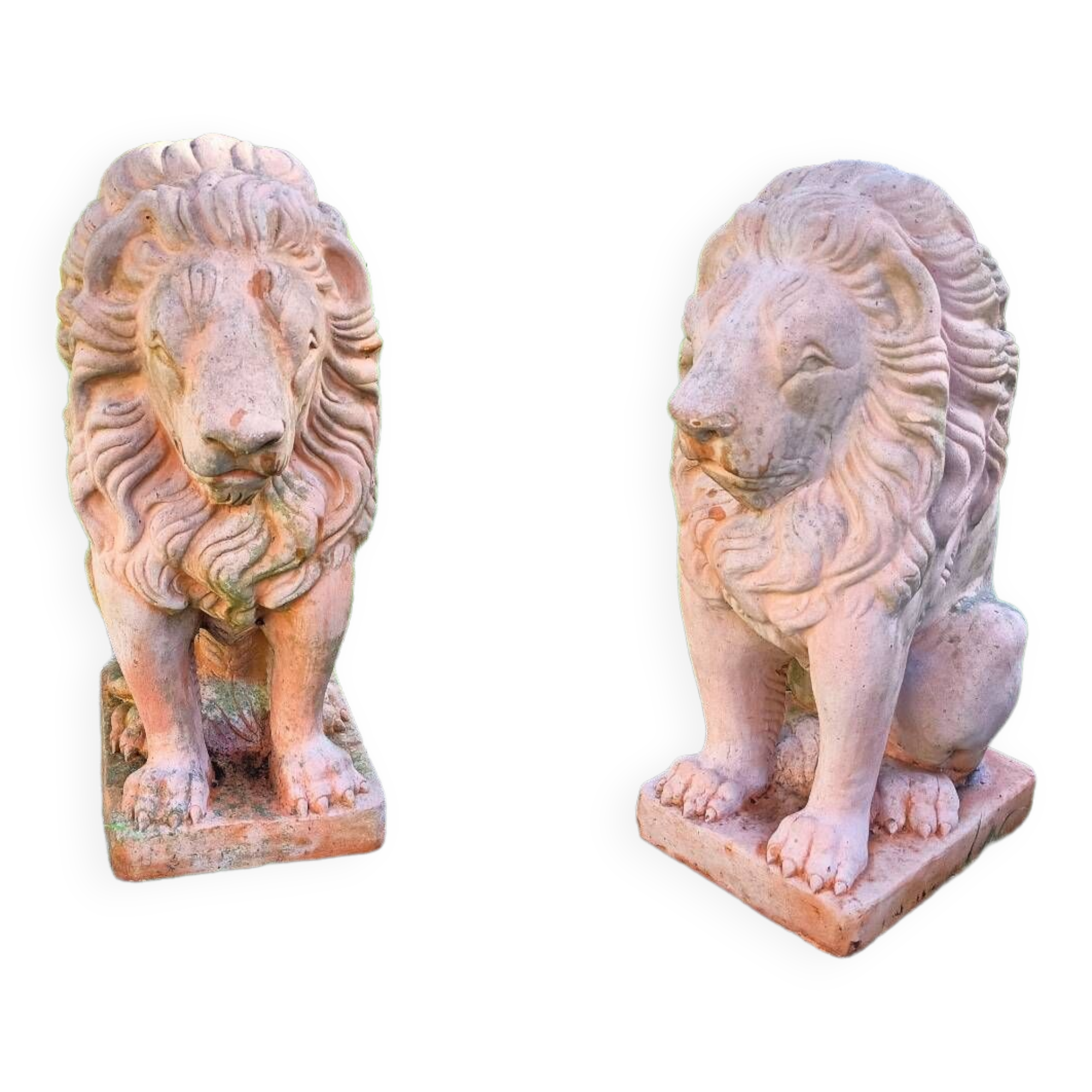 Pair of old terracotta garden lions