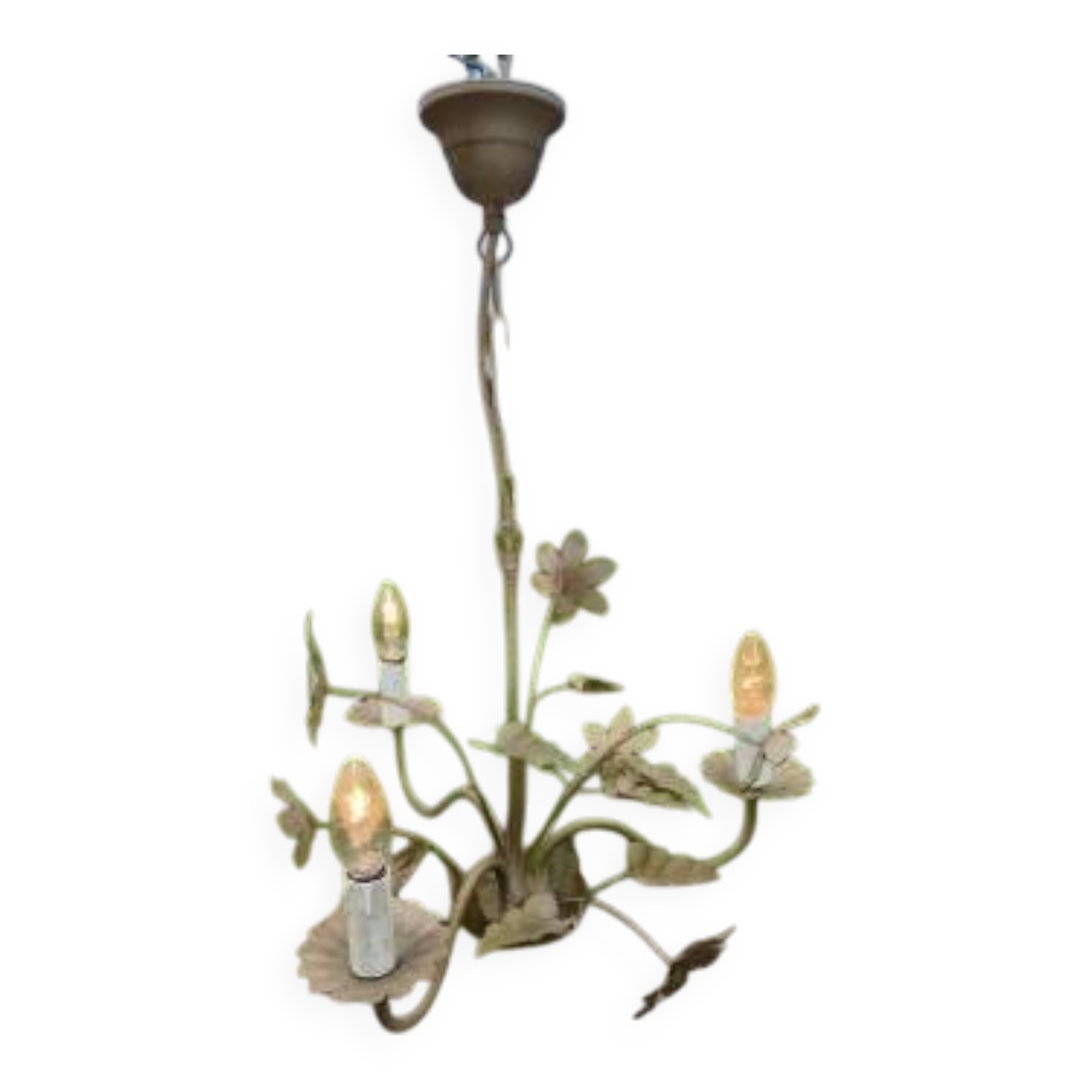 Vintage gold metal chandelier with floral decoration.