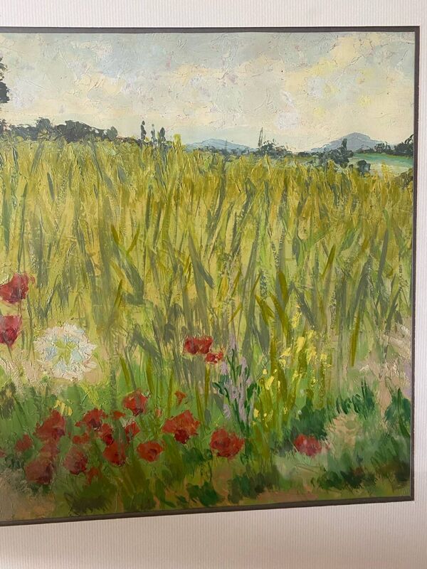 Tableau huile sur papier marcel juillard champs coquelicot cadre bois