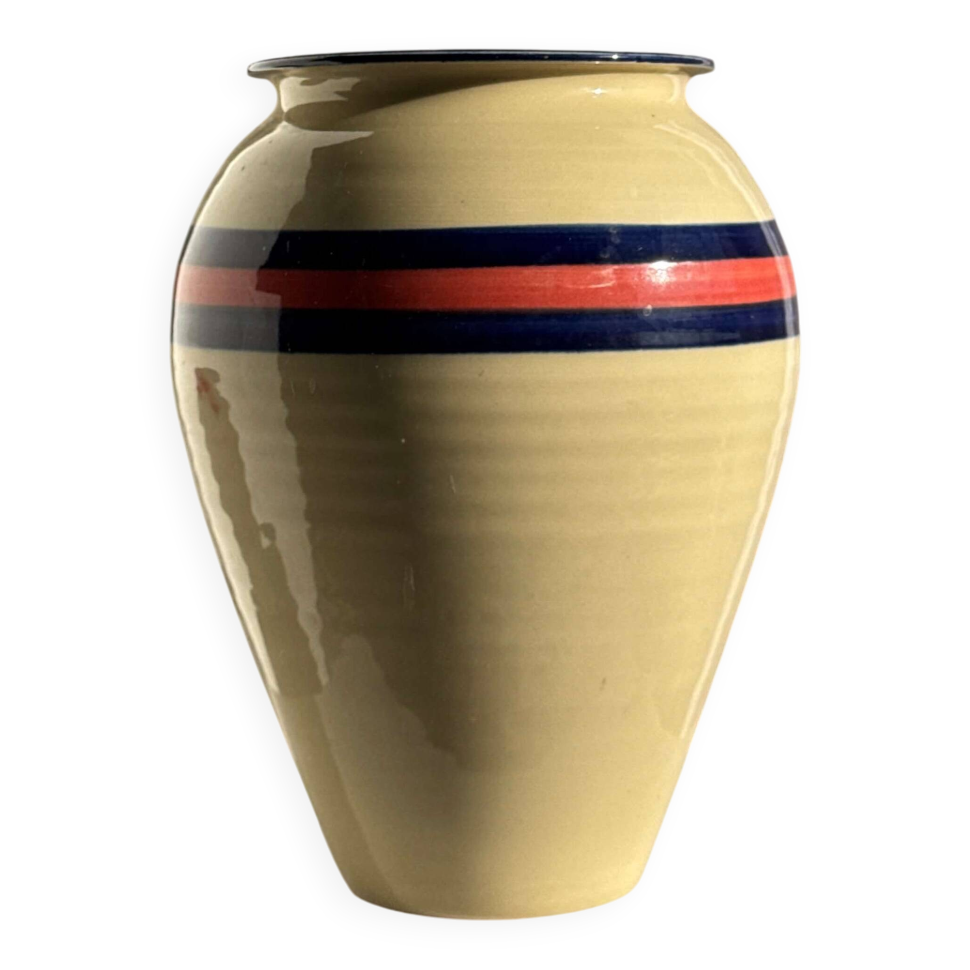 Large beige vase with blue and pink trim H27 D21