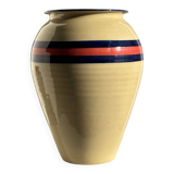 Large beige vase with blue and pink trim H27 D21