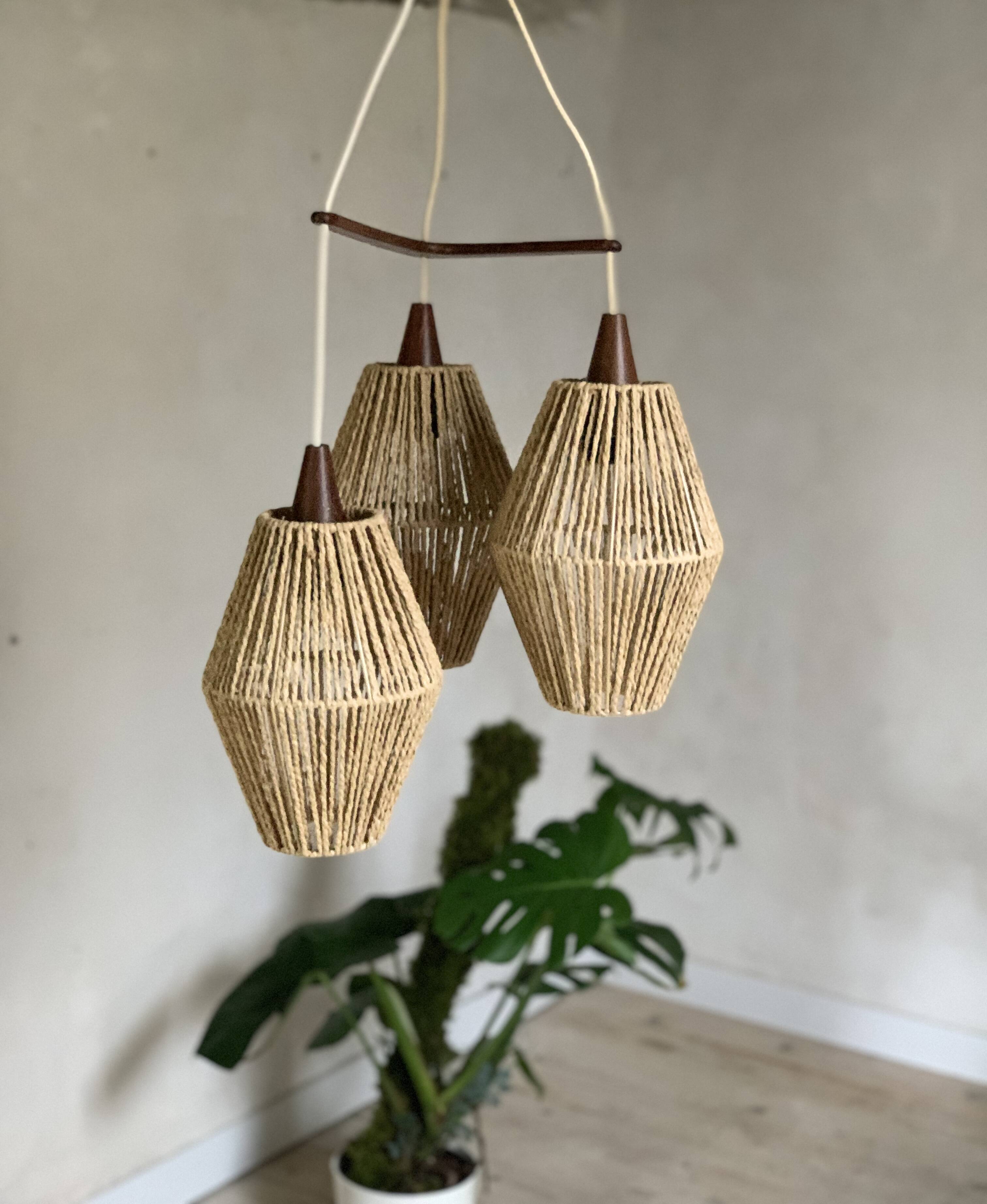 Vintage Scandinavian boomerang pendant light in teak and rope