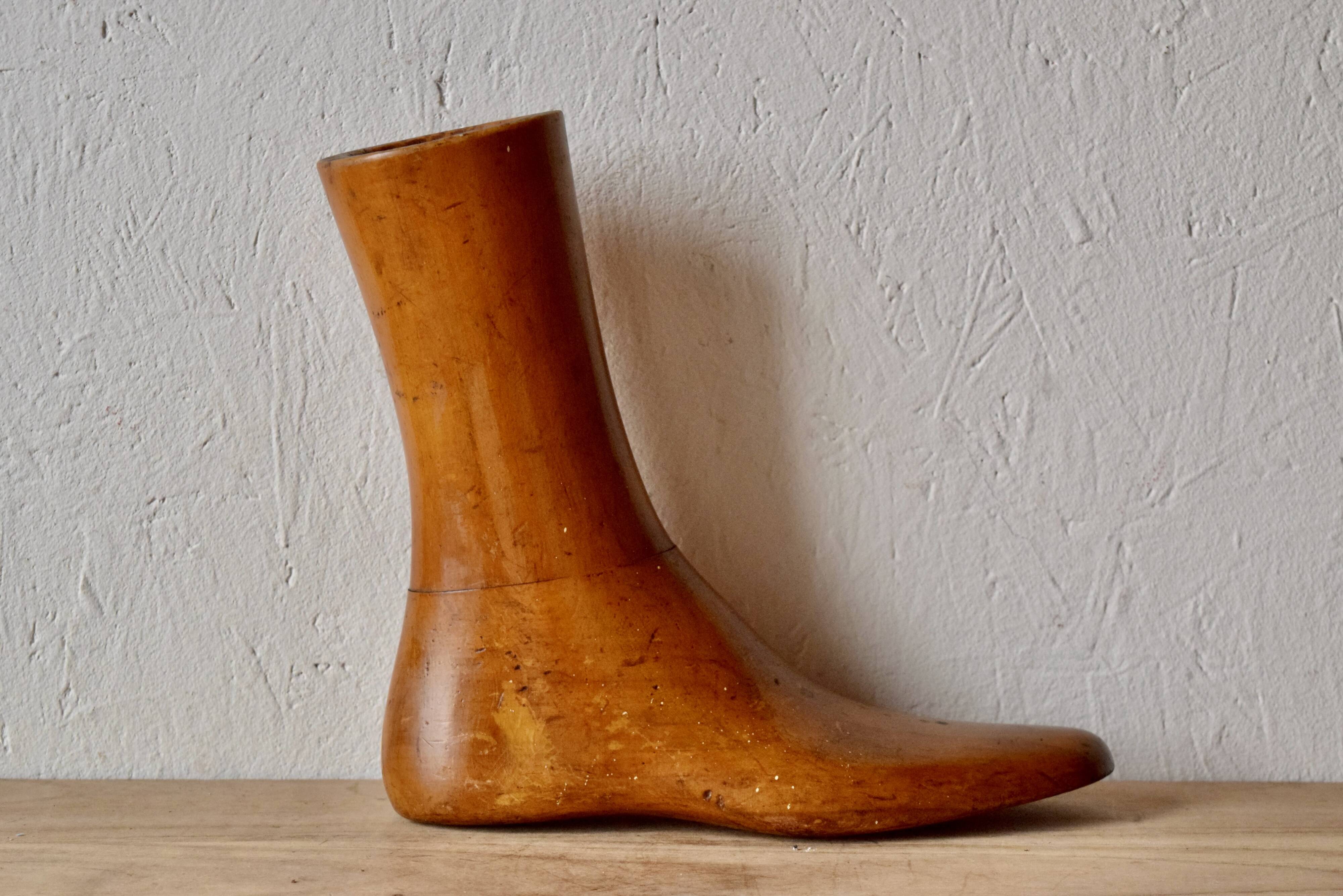 Old varnished wooden shoe mold - right foot