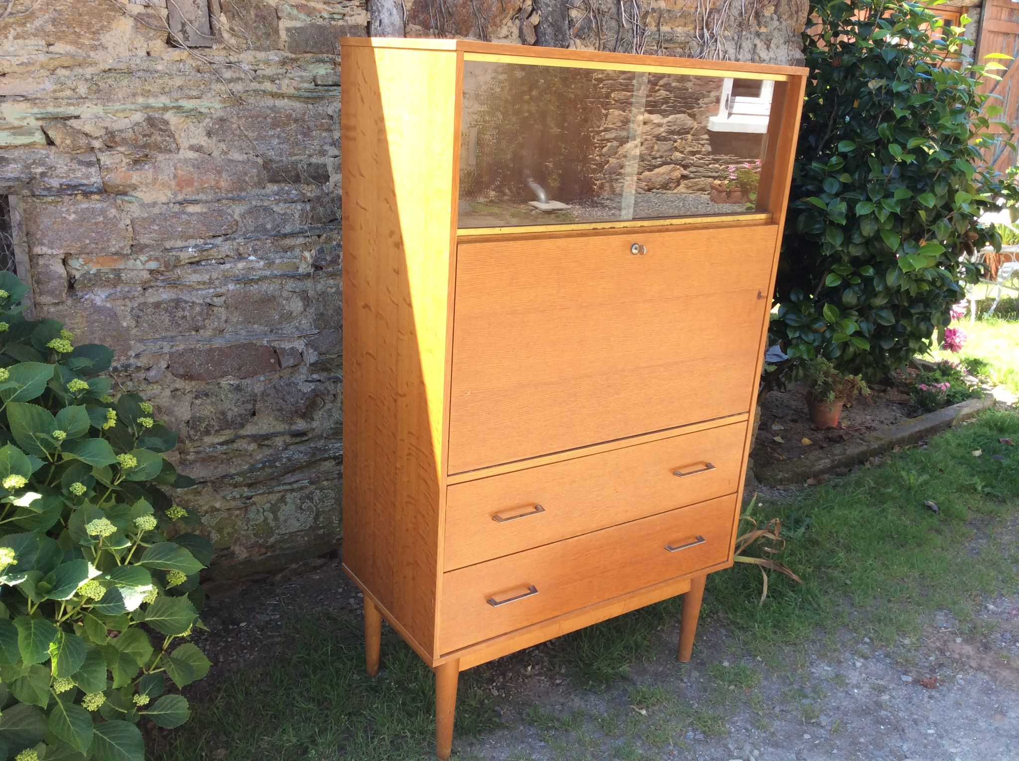 Vintage oak secretary with 2 drawers and 2 sliding windows