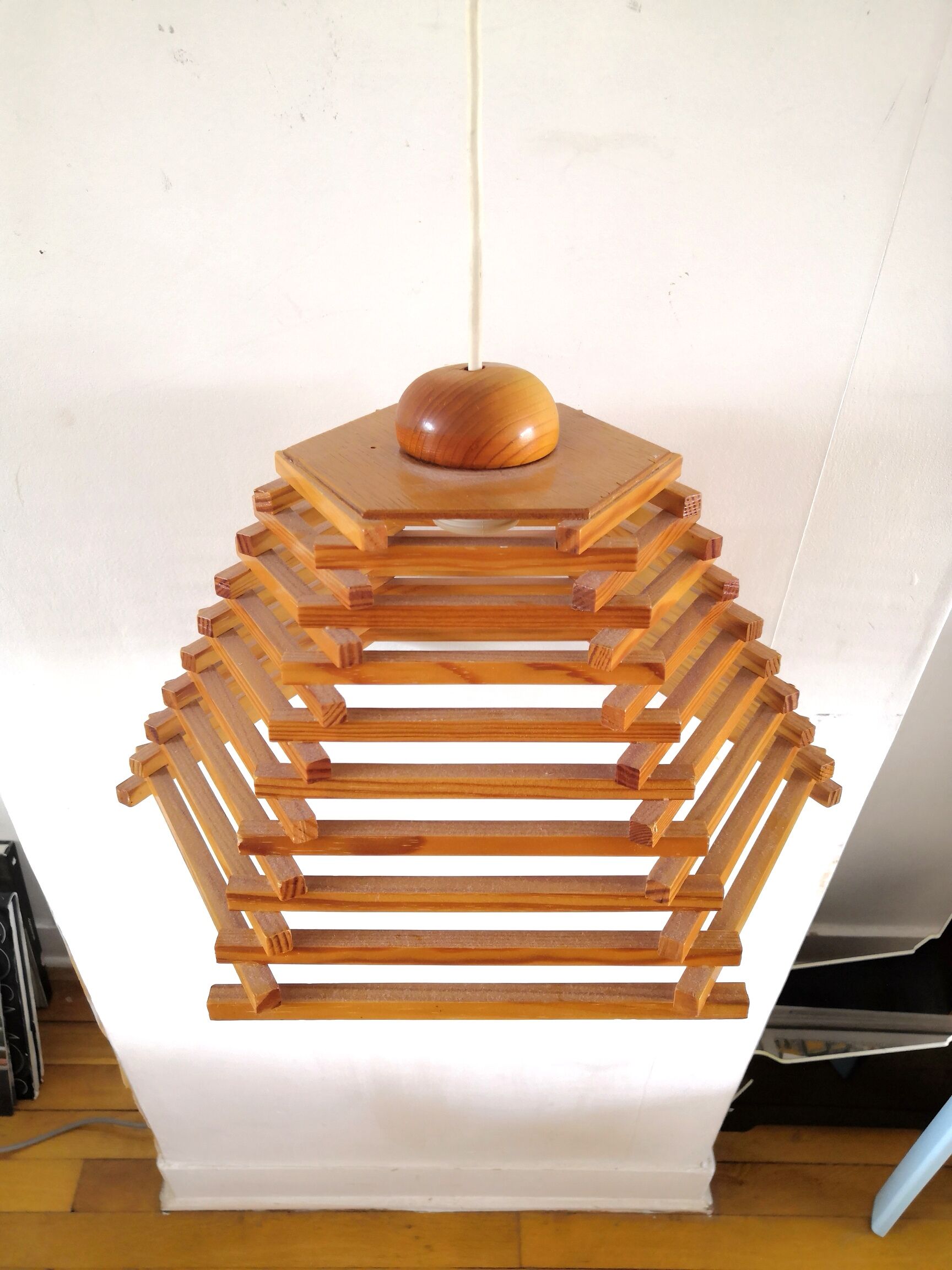 Wood pendant lamp design C.F.L. 70s