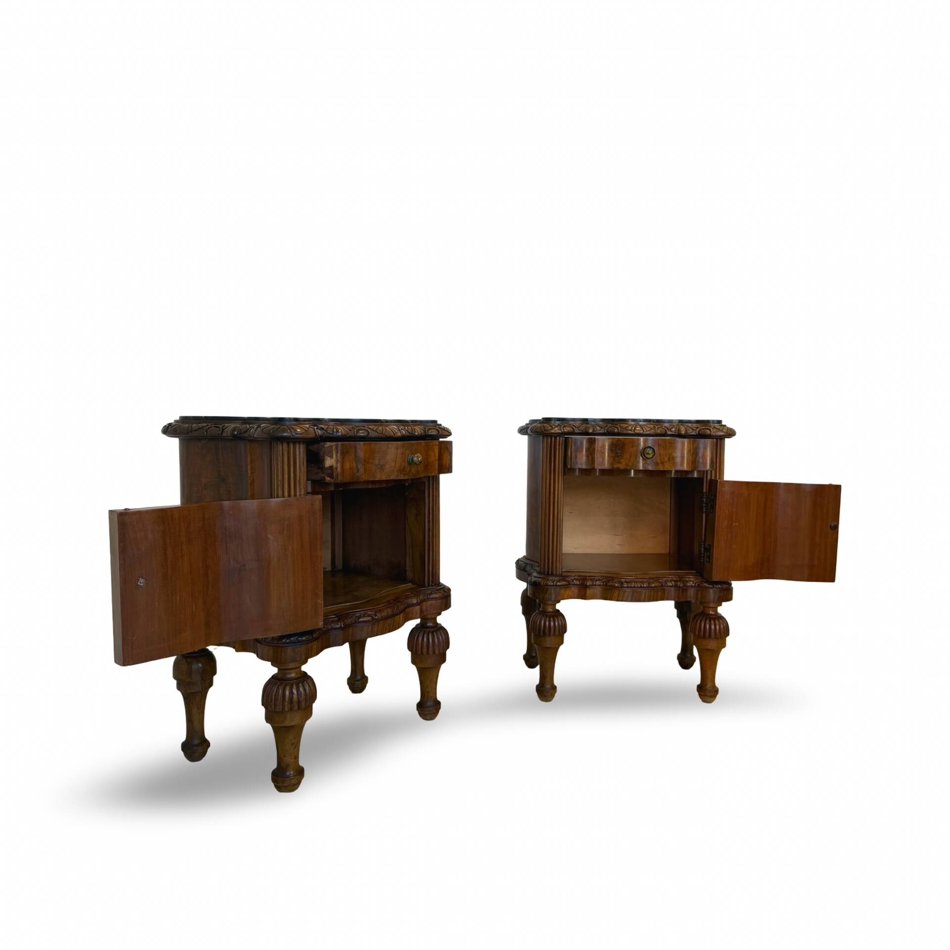 art deco walnut serpentine nightstands, 1920s